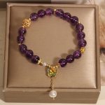 Buddha Stones Natural Amethyst Amber Green Butterfly Healing Bracelet - image 8