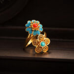Buddha Stones Double Petals Copper Dripping Turquoise Wealth Ring - image 2
