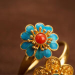 Buddha Stones Double Petals Copper Dripping Turquoise Wealth Ring - image 5