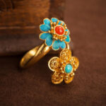 Buddha Stones Double Petals Copper Dripping Turquoise Wealth Ring - image 3