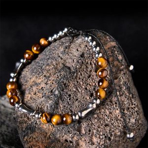 Buddha Stones Cute Bone Pattern Tiger Eye Courage Beads Bracelet - Tiger Eye & Titanium Steel(Wrist Circumference: 15-21cm) - image 1