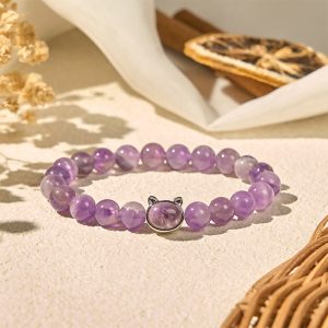 Buddha Stones Cute Cat Face Amethyst Relieves Stress Bracelet - 8mm - image 1
