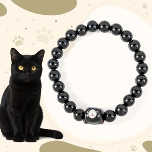 Buddha Stones Black Cat Natural Black Onyx Ceramic Kitten Support Bracelet - Black Cat(Wrist Circumference 15-16cm) - image 1