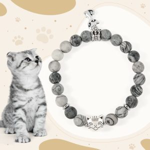 Buddha Stones Grey Tabby Cat Natural Black Veined Jasper Strength Bracelet - Grey Tabby Cat(Wrist Circumference 15-16cm) - image 1