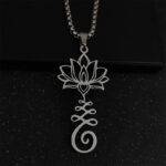 Buddha Stones Chakra Symbol Irregular Design Lotus Stainless Steel Enlightenment Necklace Pendant - Silver - image 2