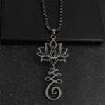 Buddha Stones Chakra Symbol Irregular Design Lotus Stainless Steel Enlightenment Necklace Pendant - Black - image 8