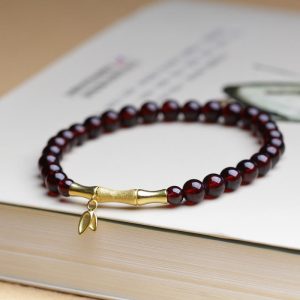 Buddha Stones 14K Copper Plated Gold 925 Sterling Silver Plated Gold Natural Garnet Bamboo Protection Bracelet Bracelet BS Garnet&14K Copper Plated Gold Bamboo(Wrist Circumference 14-16cm)