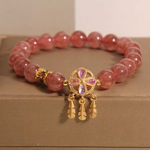 Buddha Stones Natural Strawberry Quartz Four Leaf Clover Dreamcatcher Charm Love Bracelet Bracelet BS Strawberry Quartz(Wrist Circumference 14-16cm)