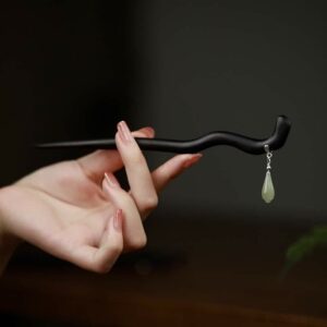 Buddha Stones 925 Sterling Silver Natural Hetian Jade Ebony Wood Luck Charm Hairpin Hairpin BS Hetian Jade (Prosperity ♥ Abundance)