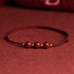 Buddha Stones Natural Lucky Cinnabar Bead Blessing String Bracelet Anklet Bracelet BS Three Cinnabar Bead Dark Red Bracelet(Wrist Circumference 14-18cm)
