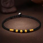Buddha Stones 999 Gold Beads Luck King Kong Knot Handmade Braided Protection Bracelet Bracelet BS Three Gold Beads Black Rope 24cm