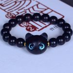 Buddha Stones Ebony Wood Liuli Glass Lovely Cat Peace Balance Bracelet Bracelet BS Ebony 10mm*15 Beads(Wrist Circumference 14-16cm)