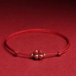 Buddha Stones Natural Cinnabar Four Leaf Clover Blessing Red String Bracelet Anklet Bracelet BS Dark Red Anklet(Anklet Circumference 21-27cm) Without Golden Bead