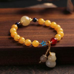 Buddha Stones Natural Golden Silk Jade Gourd Charm Wealth Luck Bracelet Bracelet BS Golden Silk Jade(Wrist Circumference 14-16cm)