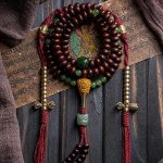 Buddha Stones Natural Tibet 108 Mala Beads Purple Bodhi Seed Hetian Cyan Jade Copper Dorje Peace Bracelet Mala Bracelet BS 14