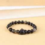 Buddha Stones Gold Sheen Obsidian Black Obsidian Silver Sheen Obsidian Cute Rabbit Protection Bracelet Bracelet BS 8mm(Wrist Circumference 14-16cm)