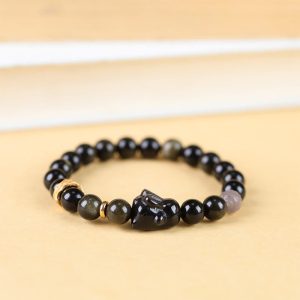 Buddha Stones Gold Sheen Obsidian Black Obsidian Silver Sheen Obsidian Cute Rabbit Protection Bracelet Bracelet BS 8mm(Wrist Circumference 14-16cm)