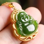 Buddha Stones 925 Sterling Silver Natural Hetian Cyan Jade Laughing Buddha 18K Gold Healing Necklace Chain Pendant Necklaces & Pendants BS 2