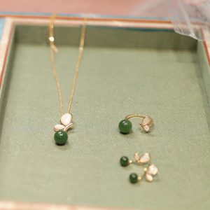 Buddha Stones Natural Butterfly Tridacna Stone Cyan Jade Copper Plated Gold Calm Necklace Pendant Ring Earrings Set Bracelet Necklaces & Pendants BS 3Pcs(Necklace&Ring&Earrings)