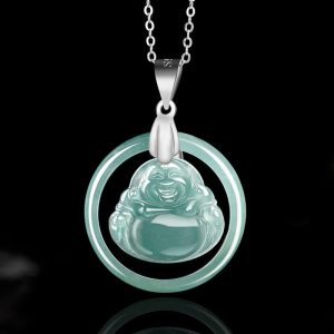 Buddha Stones 925 Sterling Silver Natural Jade Round Laughing Buddha Abundance Chain Necklace Pendant Necklaces & Pendants BS Laughing Buddha(Happiness♥Wealth)