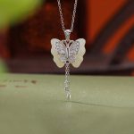 Buddha Stones 925 Sterling Silver Plated Gold Hetian White Jade Butterfly Blessing Necklace Pendant Necklaces & Pendants BS 10
