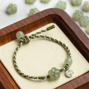 Buddha Stones Handmade Plum Blossom Flower Jade Luck Prosperity Braided Bracelet Bracelet BS 14-18cm