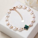 Buddha Stones Pearl Four Leaf Clover Wealth Chain Bracelet Bracelet BS Dark Green Four Leaf Clover