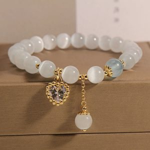 Buddha Stones Cat's Eye Crystal Heart Zircon Charm Peace Love Bracelet Bracelet BS Cat's Eye(Wrist Circumference: 14-16cm)