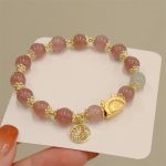 Buddha Stones Year Of The Dragon Red Agate Strawberry Quartz Black Obsidian Jade Garnet Pearl Cinnabar Dumpling Dragon Luck Fu Character Bracelet Bracelet BS Strawberry Quartz(Wrist Circumference 14-19cm)