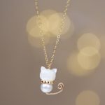 Buddha Stones 14K Gold Plated Pearl Hetian Jade Shell Luck Cat Kitten Necklace Pendant Necklaces & Pendants BS Normal 14K Gold Plated Pearl