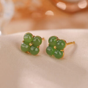 Buddha Stones 925 Sterling Silver Plated Gold Natural Cyan Jade Four Leaf Clover Luck Stud Earrings Earrings BS Cyan Jade(Success♥Healing)