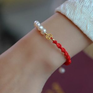 Buddha Stones 14K Gold Plated Pearl Bead Luck Protection Braid Red String Bracelet Bracelet BS Premium 14K Gold Plated Copper Coin(Bracelet Size 15.5+3cm)