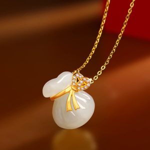 Buddha Stones Natural Hetian White Jade Luck Money Bag Necklace Pendant Necklaces & Pendants BS Hetian White Jade(Protection♥Happiness)