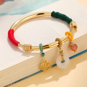 Buddha Stones Pink Crystal Peace Buckle Lucky Flower Love Bracelet Bangle Bracelet Bangle BS Gold Plated Peace Buckle(Inner Diameter: 56-60mm)