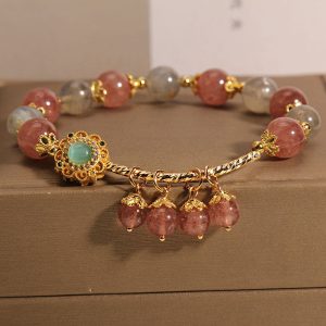 Buddha Stones Strawberry Quartz Moonstone Healing Tassel Charm Bracelet Bracelet BS Strawberry Quartz&Moonstone(Wrist Circumference 14-16cm)