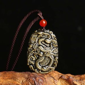 Buddha Stones Gold Sheen Obsidian Dragon Pattern Success Necklace Pendant Necklaces & Pendants BS Gold Sheen Obsidian