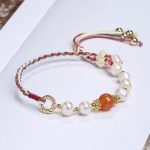 Buddha Stones 14K Gold Plated Natural Pearl Crystal Shell Charm Bead Bracelet Bracelet BS Pearl Red Agate