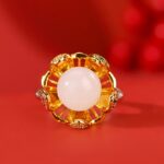Buddha Stones 925 Sterling Silver White Jade Cyan Jade Lotus Flower Success Ring Ring BS 4