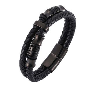 Buddha Stones Layered Leather Weave Fortune Bracelet Bracelet BS Black 20.5cm