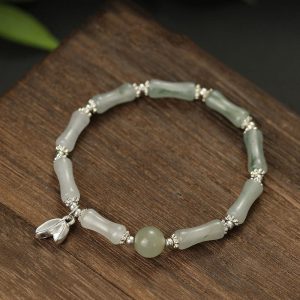 Buddha Stones 925 Sterling Silver Natural Tianshan Jade Bamboo Charm Luck Bracelet 1