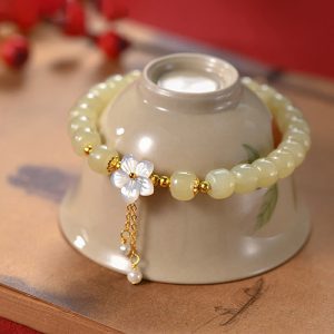 Buddha Stones 925 Sterling Silver Natural Hetian Jade Luck Flower Bracelet Bracelet BS Hetian Jade(Wrist Circumference 14-16cm)
