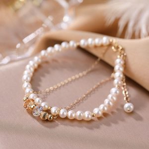 Buddha Stones 925 Sterling Silver 14K Gold Plated Natural Pearl Crystal Healing Double Layer Bracelet Bracelet BS Pearl(Healing♥Wisdom)