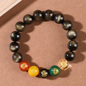 Buddha Stones Gold Sheen Obsidian Rainbow Obsidian Black Obsidian Five Directions Gods of Wealth Bracelet Bracelet BS Gold Sheen Obsidian 12mm(Wrist Circumference 14-16.5cm)