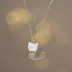 Buddha Stones 14K Gold Plated Pearl Hetian Jade Shell Luck Cat Kitten Necklace Pendant Necklaces & Pendants BS 5
