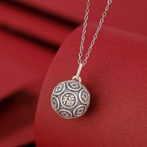 Buddha Stones 990 Sterling Silver Fu Character Copper Coin Luck Fortune Chain Necklace Pendant Necklaces & Pendants BS Fu Character(Happiness♥Blessing)