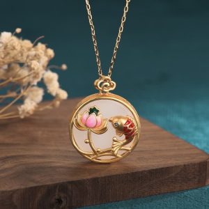 Buddha Stones White Jade Koi Fish Lotus Blessing Necklace Pendant Necklaces & Pendants BS White Jade