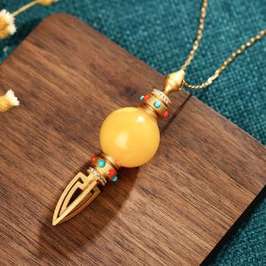Buddha Stones 24K Gold Plated Amber Dorje Vajra Clear Anxiety Necklace Pendant Necklaces & Pendants BS Dorje/Vajra(Enlightenment♥Spiritual Power)
