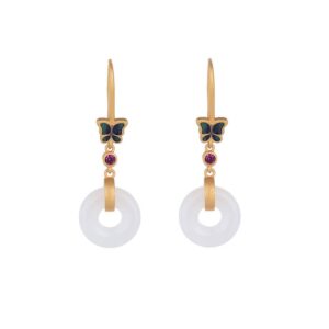 Buddha Stones FengShui White Jade Butterfly Fortune Earrings Earrings BS White Jade