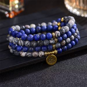 Buddha Stones Lazurite Picasso Jasper Amazonite Rhodonite Apatite Positive Lotus Prayer Bead Bracelet Mala Bracelet BS Lazurite&Picasso Jasper