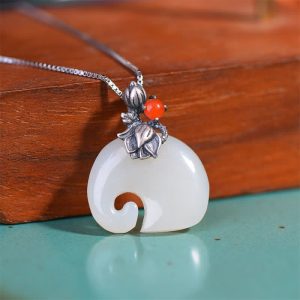 Buddha Stones White Jade Elephant Lotus Protection Necklace Pendant Necklaces & Pendants BS Elephant&45+5cm Chain